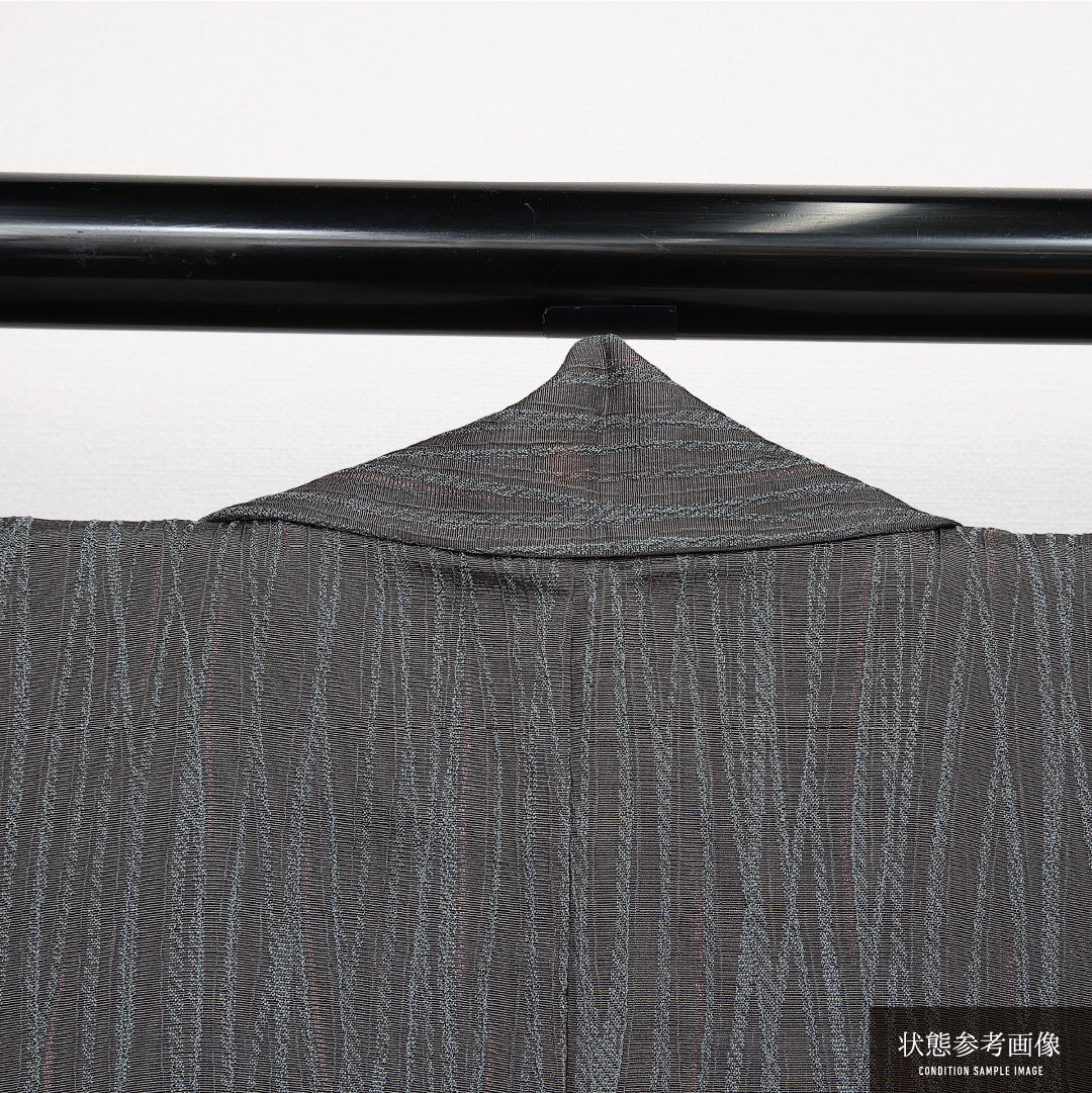 お召 袷 身丈152cm 裄丈63cm 正絹 Aランク インフォーマル バチ衿 Sサイズ よろけ縞 グレー系 HP 1222-14127