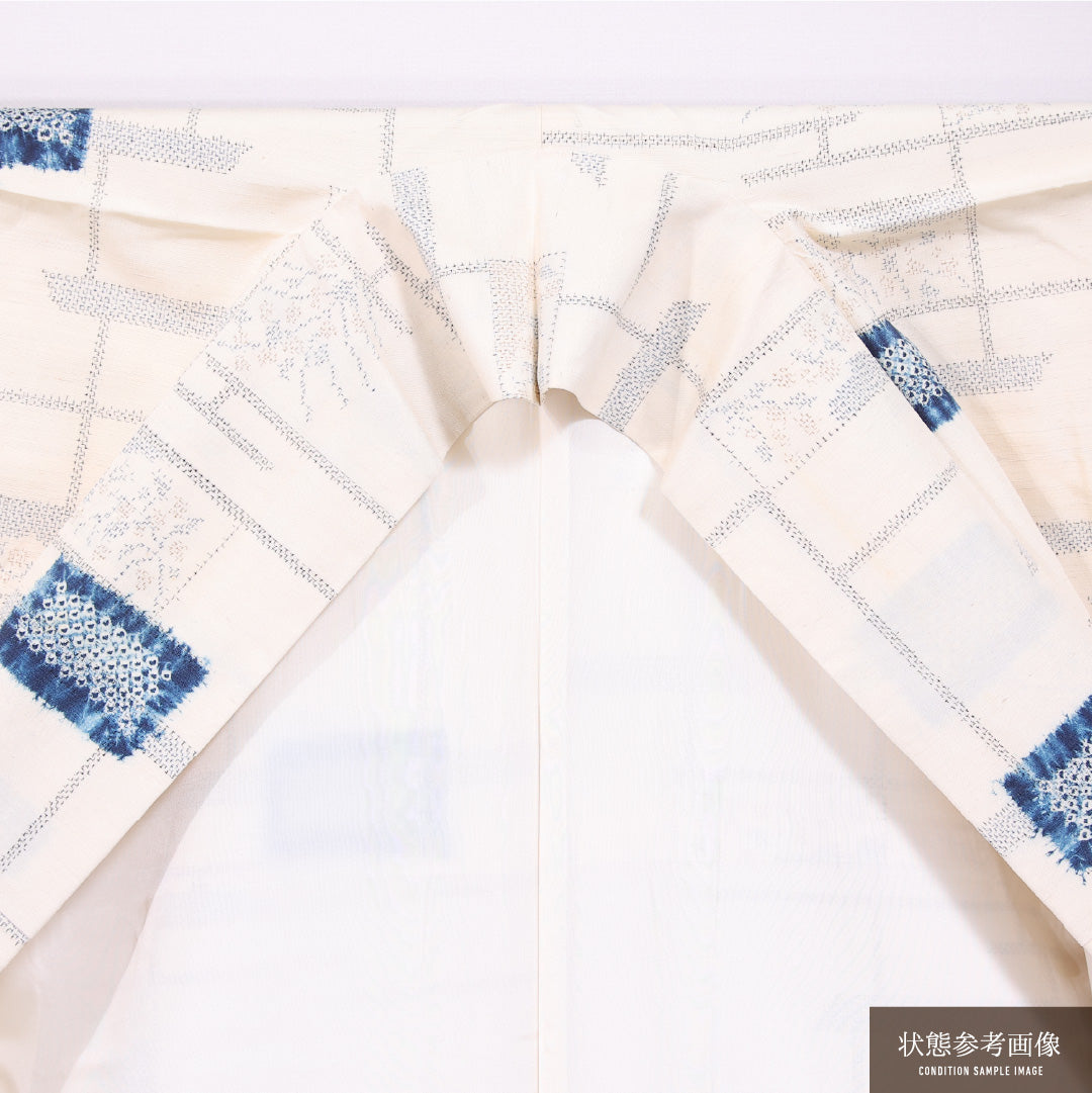 紬 袷 身丈160cm 裄丈67cm 正絹 Cランク カジュアル 広衿 Lサイズ 創作柄 クリーム系 LP 1223-11704