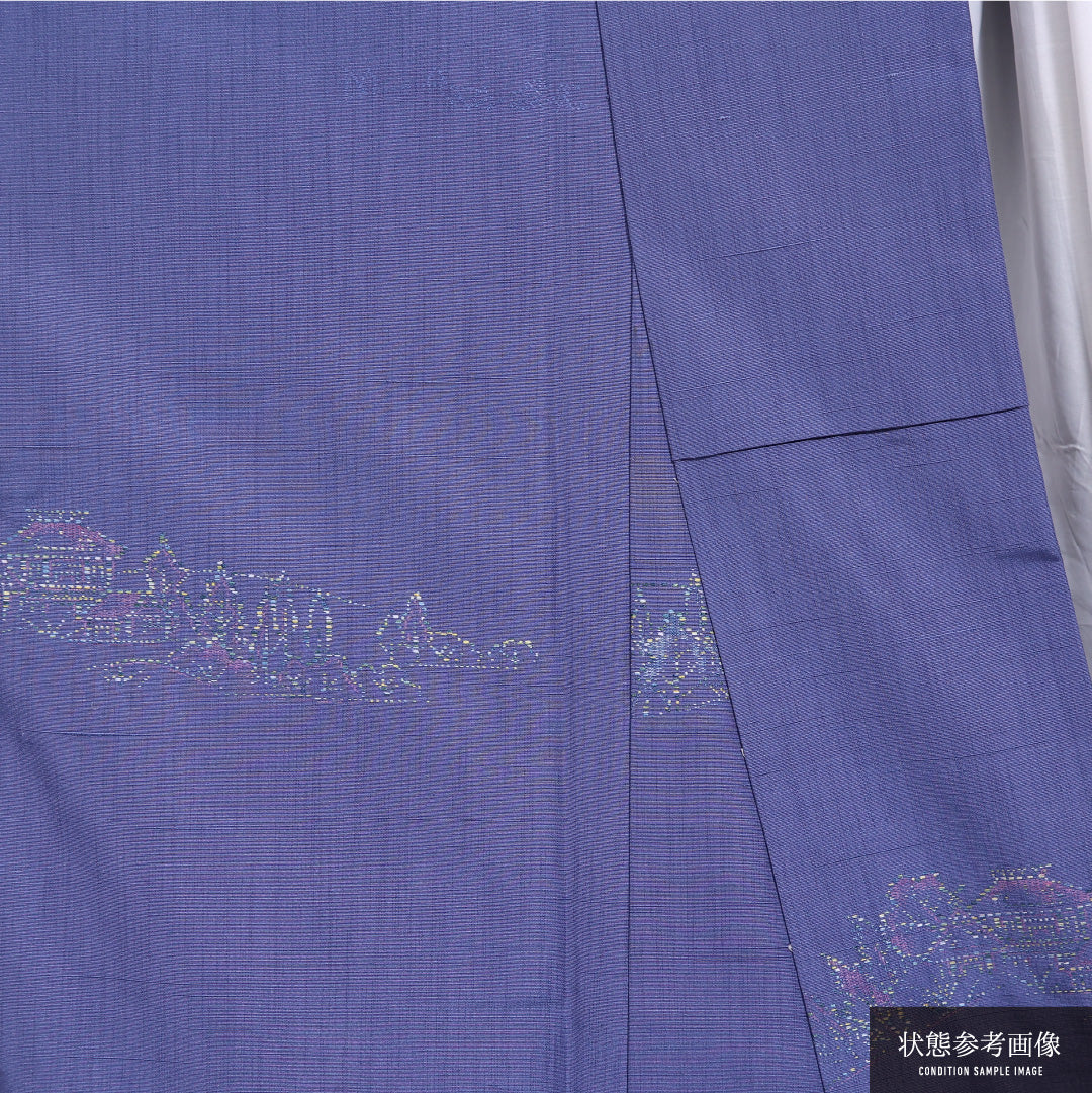 紬 袷 身丈160cm 裄丈63cm 正絹 Cランク カジュアル 広衿 Lサイズ 経総絣 風景柄 建物 紫系 LP 1223-11565