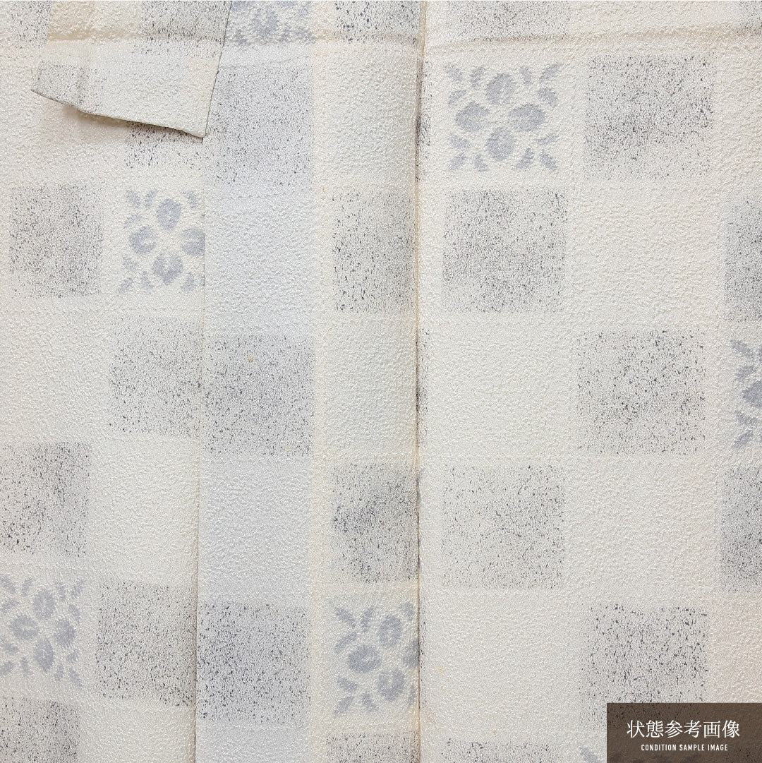 小紋 身丈161cm 裄丈63.5cm Cランク L 正絹 袷 広衿 ふくれ織 市松 カジュアル クリーム系 1215-12057