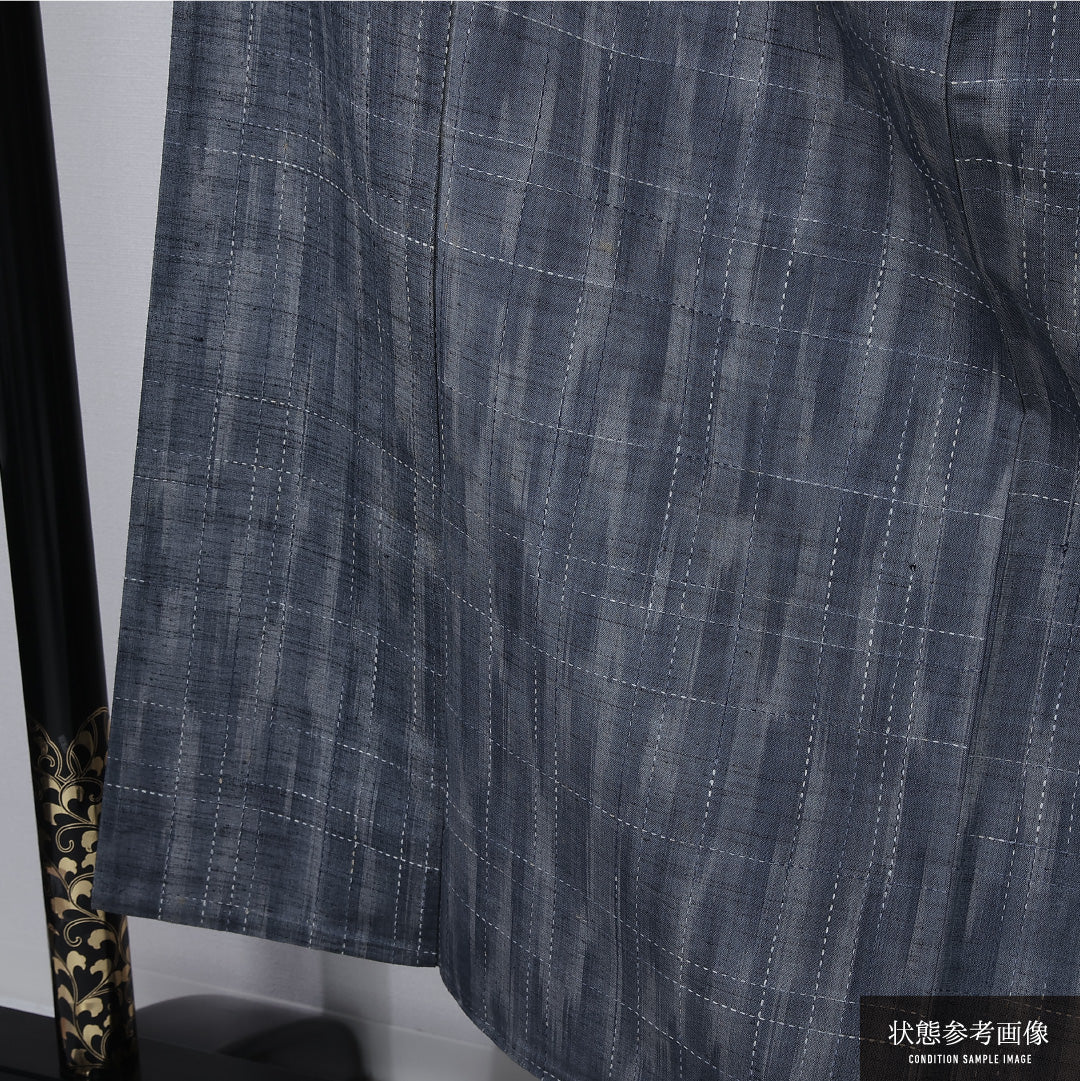 紬 単衣 身丈152cm 裄丈62cm 正絹 Cランク カジュアル 広衿 Sサイズ 肩当て 格子 紺系 LP 1223-12254
