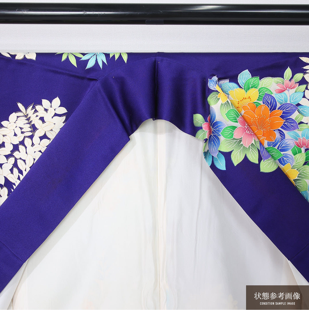 振袖 身丈166cm 裄丈67.5cm Cランク 袷 正絹 XS 広衿 モダン 花柄 ボタニカル 青系 1213-F0447