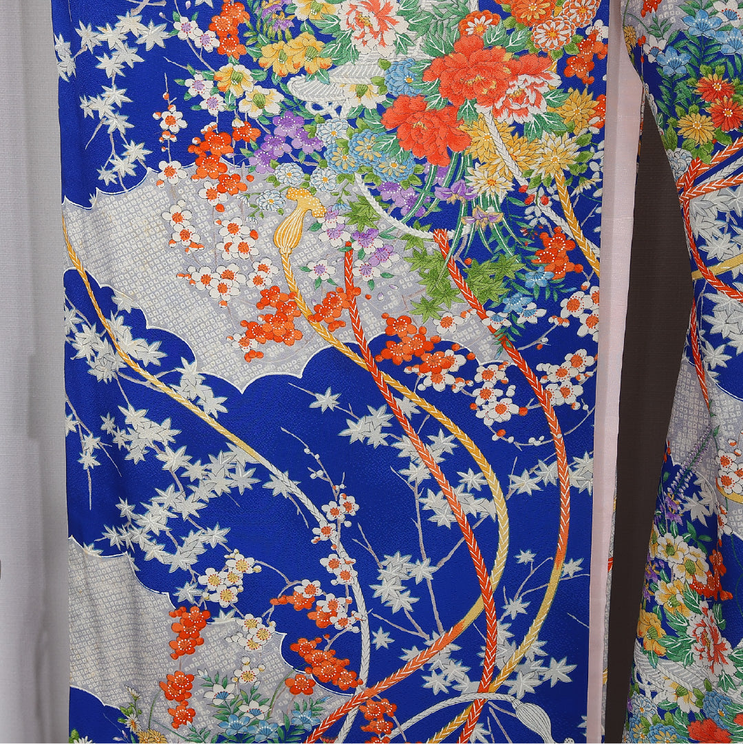 振袖 身丈157cm 裄丈65cm Cランク 袷 正絹 S 広衿 吉祥文様 組紐 古典柄 花柄 青系 1213-F0428