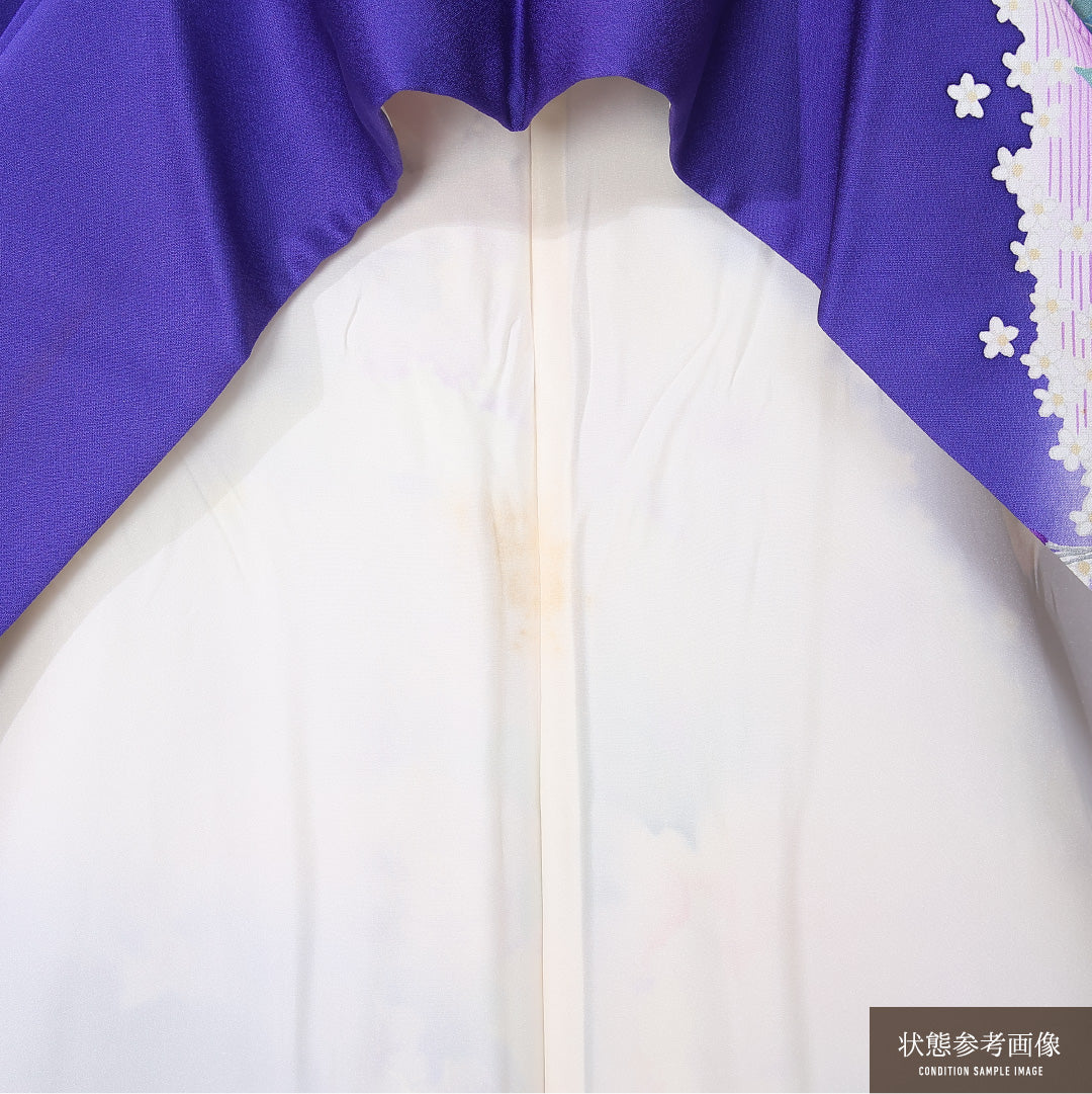 振袖 身丈157cm 裄丈63cm Cランク 袷 正絹 L 広衿 エレガント 牡丹 花柄 友禅 紫系 1213-F0440