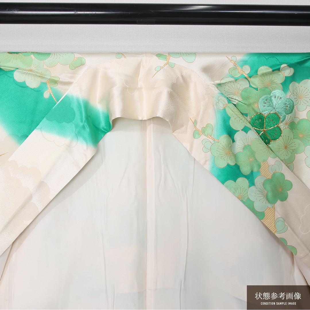 振袖 身丈149cm 裄丈65cm Cランク 正絹 袷 広衿 XS 金駒刺繍 梅 フォーマル 独創的 爽やか クリーム系 緑系 1213-F0464