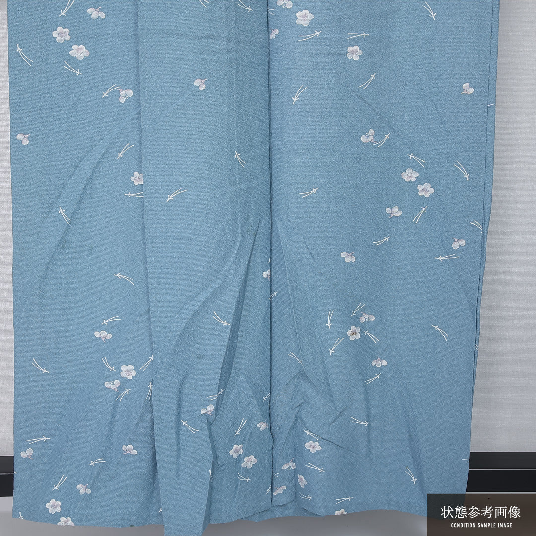 小紋 身丈154cm 裄丈67.5cm Cランク S 正絹 単衣 バチ衿 居敷当て 松葉 梅 カジュアル 水色系 1215-12322