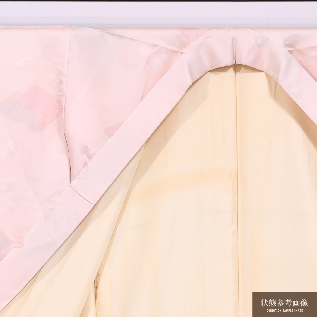 小紋 袷 身丈153cm 裄丈64cm 正絹 Cランク インフォーマル バチ衿 Sサイズ 色無地 松皮菱 ピンク系 LP 1221-11577