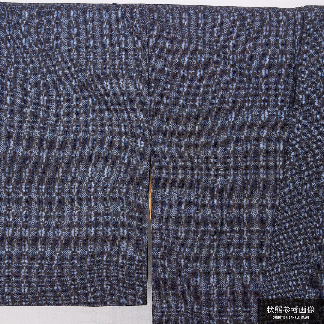 紬 袷 身丈159cm 裄丈64cm 正絹 Cランク カジュアル バチ衿 Mサイズ 創作柄 紺系 LP 1223-12470