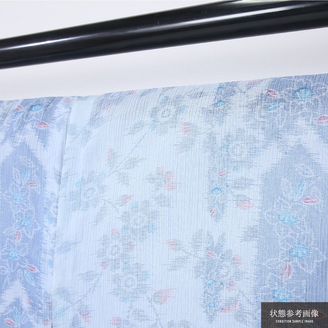 夏物 紬 身丈156cm 裄丈66cm Cランク M 麻 洗える着物 単衣 バチ衿 矢絣 椿 カジュアル 水色系 1216-12298
