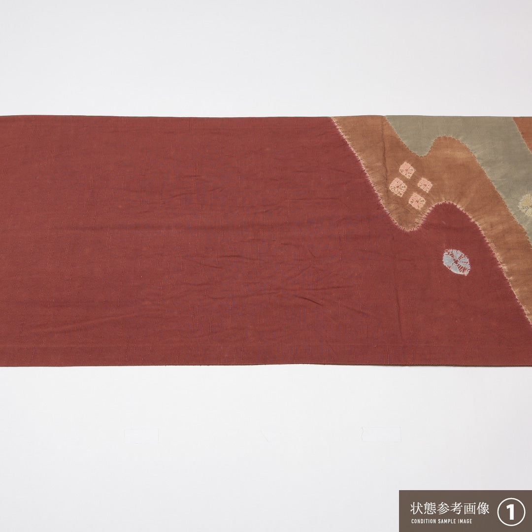袋帯 帯丈450cm 正絹 ポイント柄 染め帯 インフォーマル 絞り 流水 茶系 赤系 1243-01229