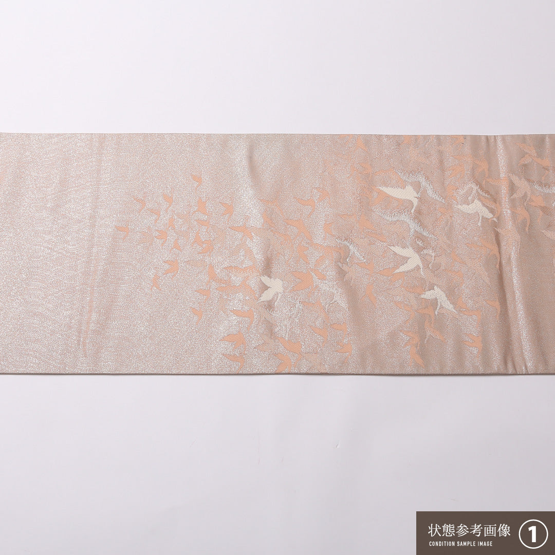 袋帯 帯丈424cm 正絹 ポイント柄 セミフォーマル 琳派 鶴 ピンク系 1243-01544