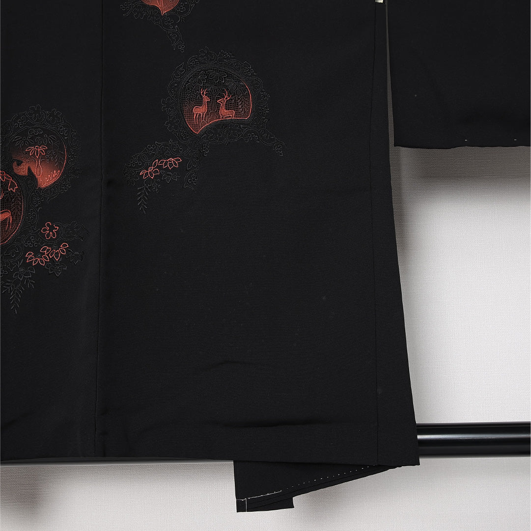 黒羽織 袷 身丈80cm 裄丈64cm 正絹 Cランク インフォーマル Mサイズ 刺繍 鹿 黒系 HP 1233-12924