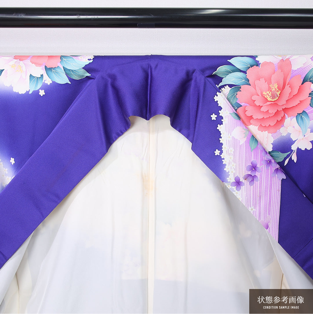 振袖 身丈157cm 裄丈63cm Cランク 袷 正絹 L 広衿 エレガント 牡丹 花柄 友禅 紫系 1213-F0440