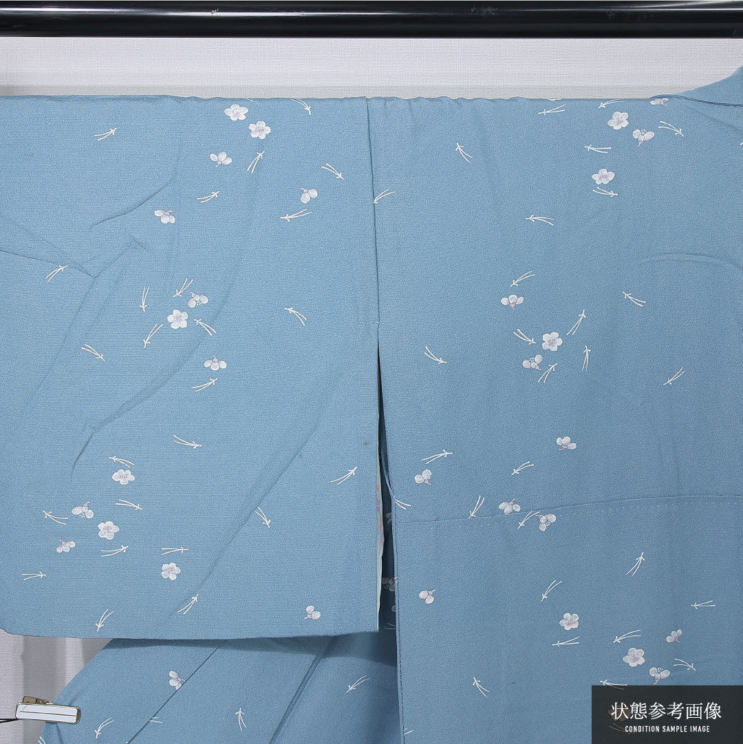 小紋 身丈154cm 裄丈67.5cm Cランク S 正絹 単衣 バチ衿 居敷当て 松葉 梅 カジュアル 水色系 1215-12322