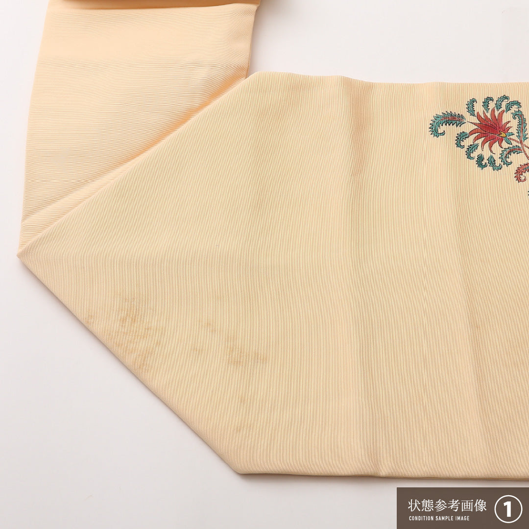 九寸名古屋帯 Cランク 帯丈352cm 正絹 ポイント柄 名古屋仕立て 染め カジュアル 作家物 落款 塩瀬 ペイズリー ベージュ系 RP 1245-02431