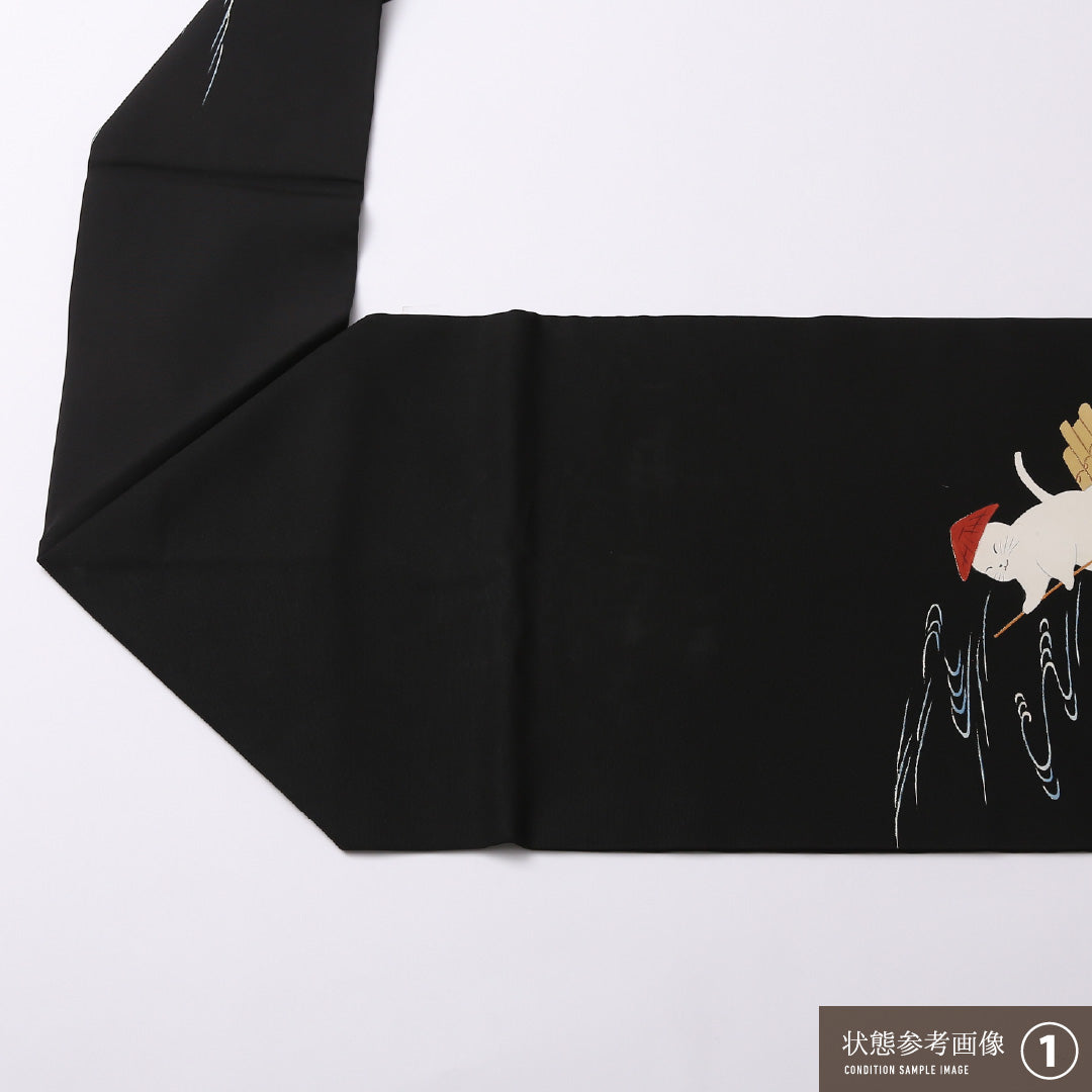 九寸名古屋帯 Aランク 帯丈362cm 正絹 ポイント柄 名古屋仕立て 染め カジュアル 塩瀬 猫 黒系 M4 1245-02566