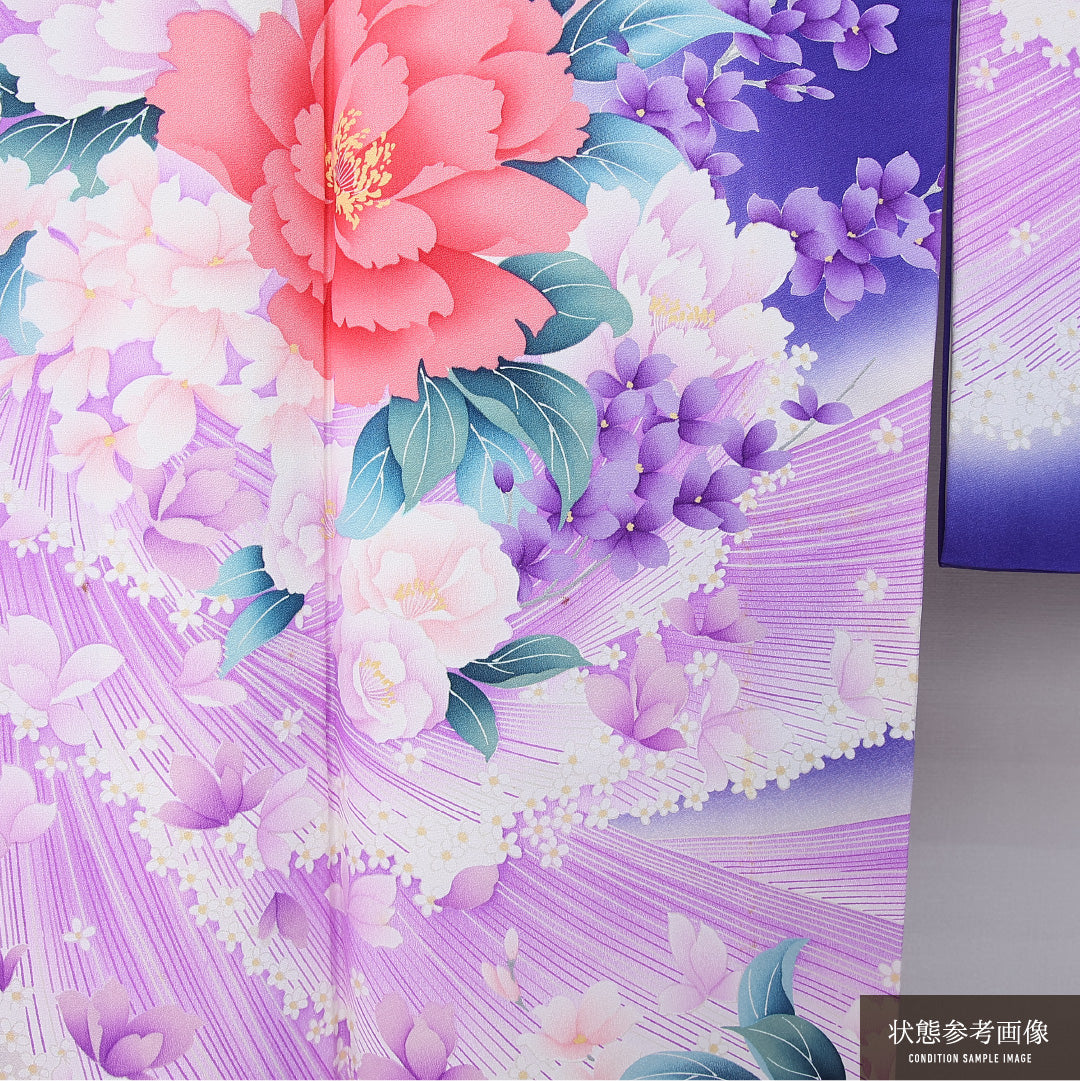 振袖 身丈157cm 裄丈63cm Cランク 袷 正絹 L 広衿 エレガント 牡丹 花柄 友禅 紫系 1213-F0440