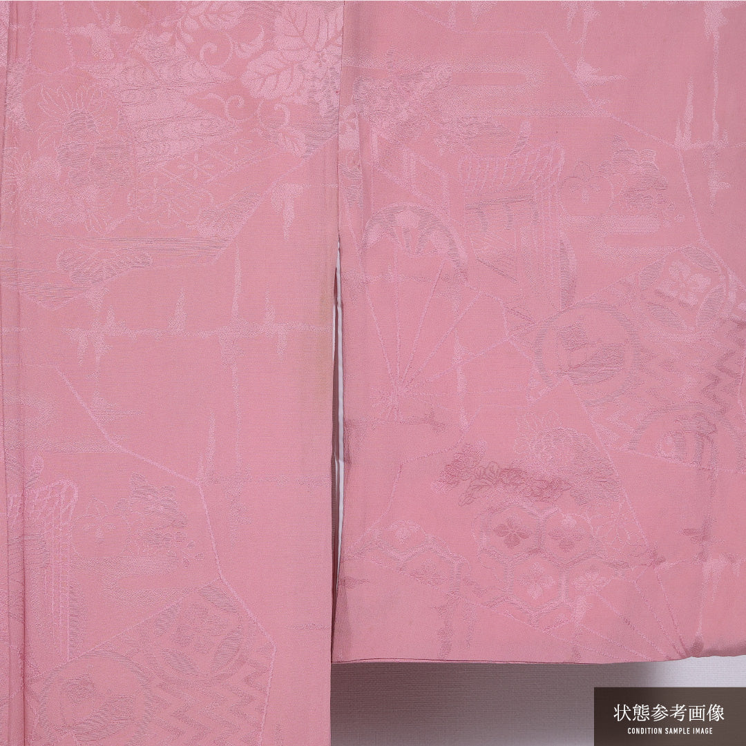 色無地 袷 身丈150cm 裄丈61cm 正絹 Cランク 紋意匠 (菱亀甲) インフォーマル バチ衿 Sサイズ 無地 ピンク系 LP 1219-11539
