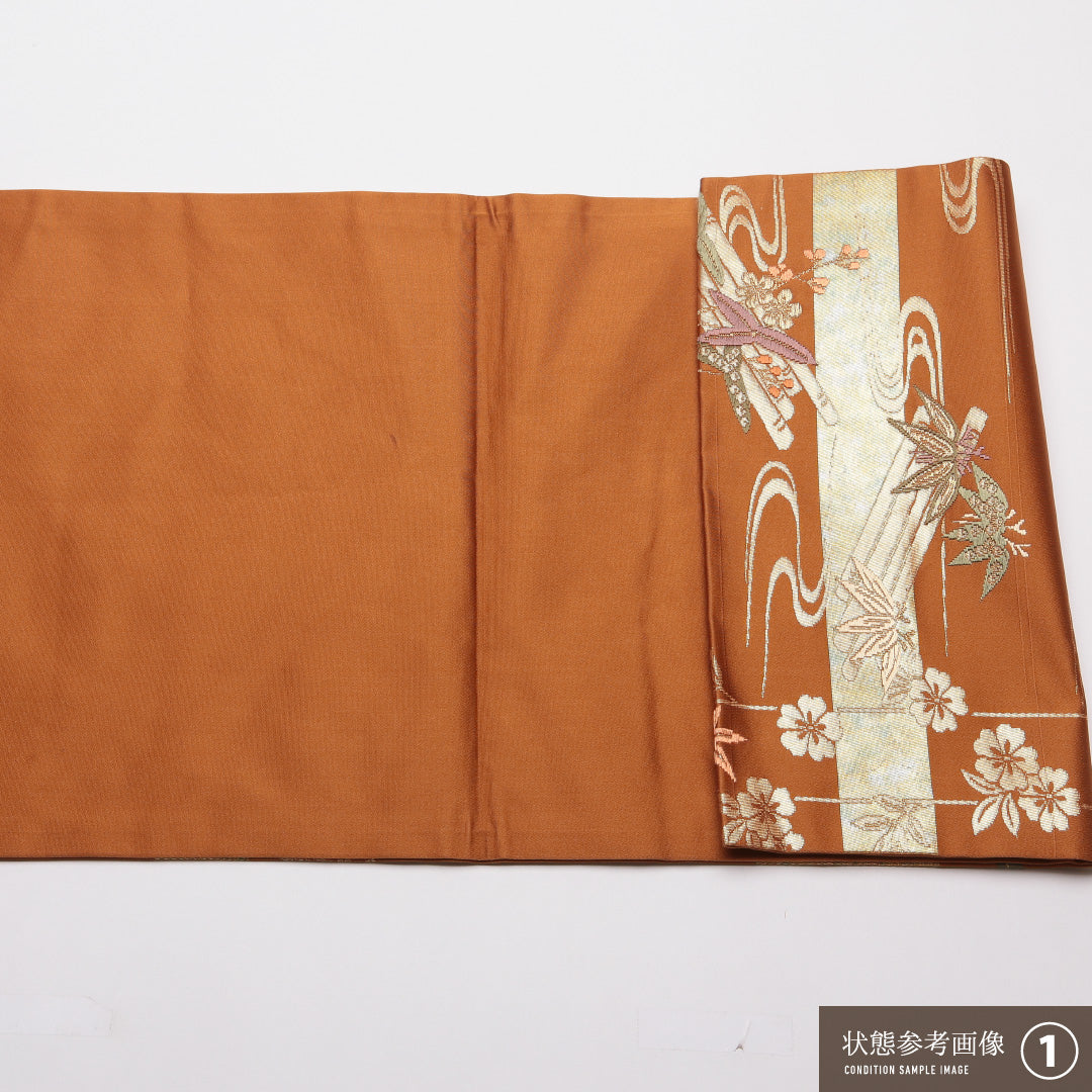 名古屋帯 帯丈359.5cm Sランク 名古屋仕立て 六通 正絹 桜 流水 笹 セミフォーマル 茶系 1224-01768