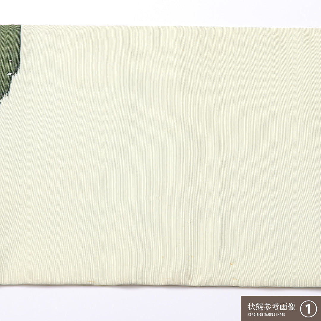 九寸名古屋帯 Aランク 帯丈364cm 正絹 ポイント柄 名古屋仕立て 染め インフォーマル 塩瀬 京洛百景 嵐山 渡月橋 緑系 RP 1245-02513