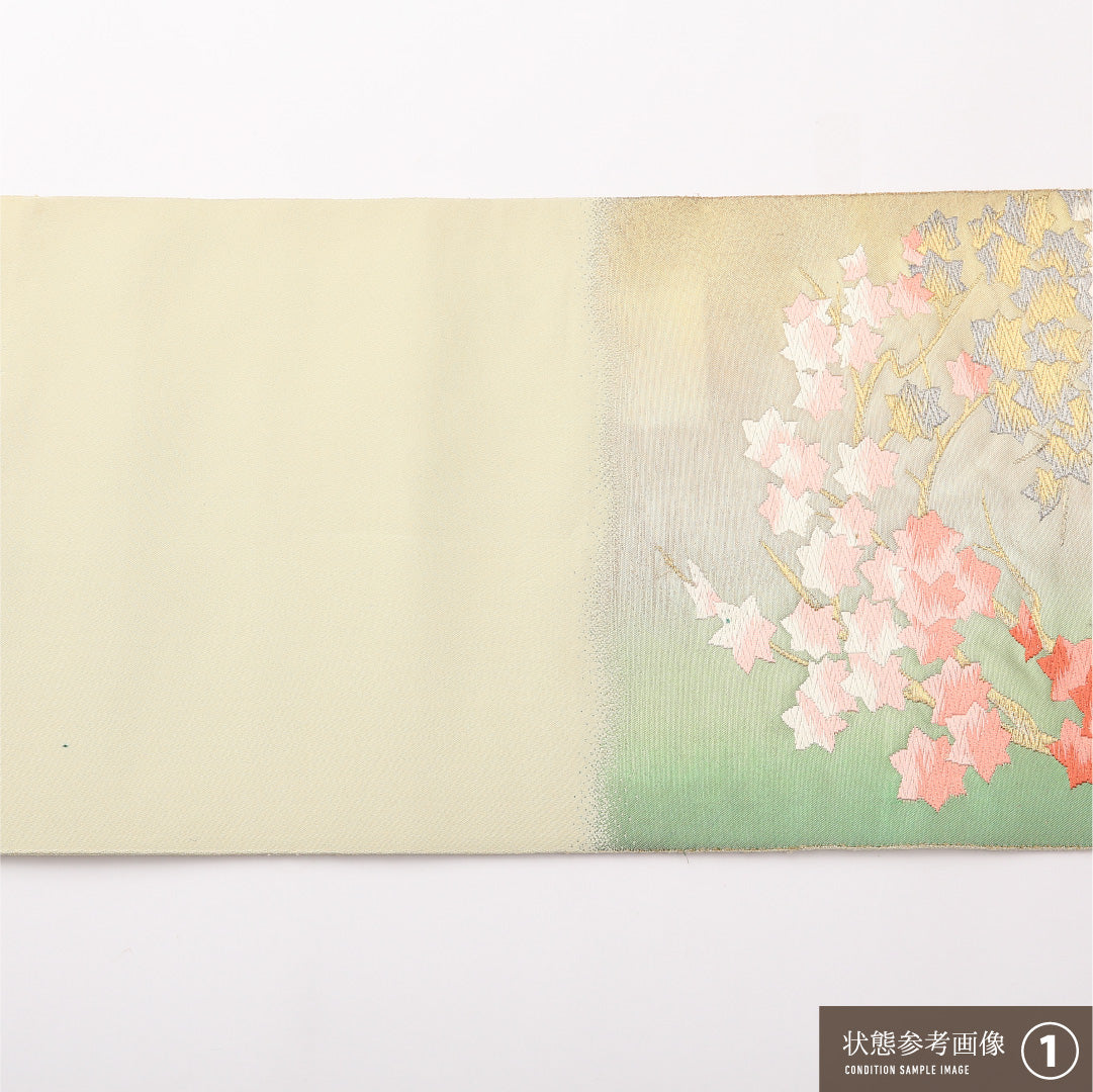 九寸名古屋帯 Bランク 帯丈347cm 正絹 ポイント柄 松葉仕立て 帯芯なし 織り セミフォーマル 紅葉 楓 緑系 RP 1245-02347
