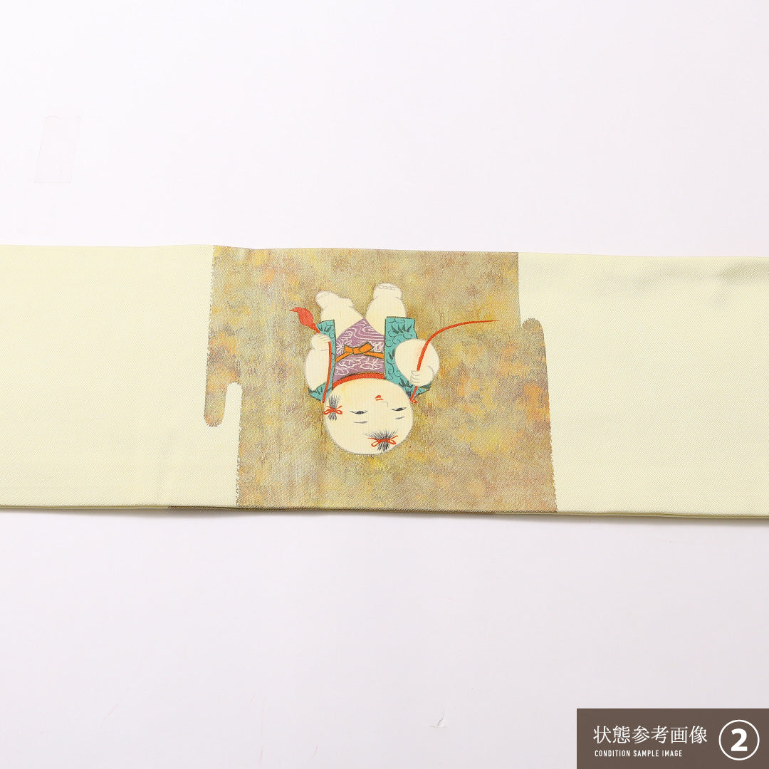 九寸名古屋帯 Bランク 帯丈364cm 正絹 ポイント柄 名古屋仕立て 織り・染め セミフォーマル 花車 唐子 クリーム系 RP 1245-02982