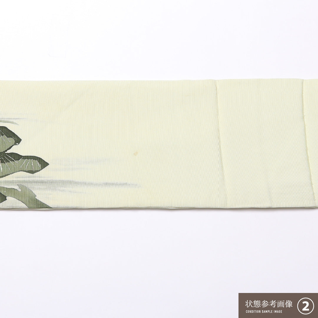 九寸名古屋帯 Aランク 帯丈364cm 正絹 ポイント柄 名古屋仕立て 染め インフォーマル 塩瀬 京洛百景 嵐山 渡月橋 緑系 RP 1245-02513