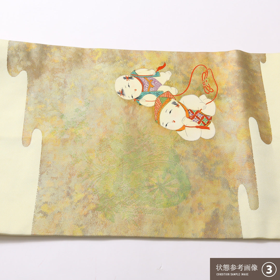 九寸名古屋帯 Bランク 帯丈364cm 正絹 ポイント柄 名古屋仕立て 織り・染め セミフォーマル 花車 唐子 クリーム系 RP 1245-02982