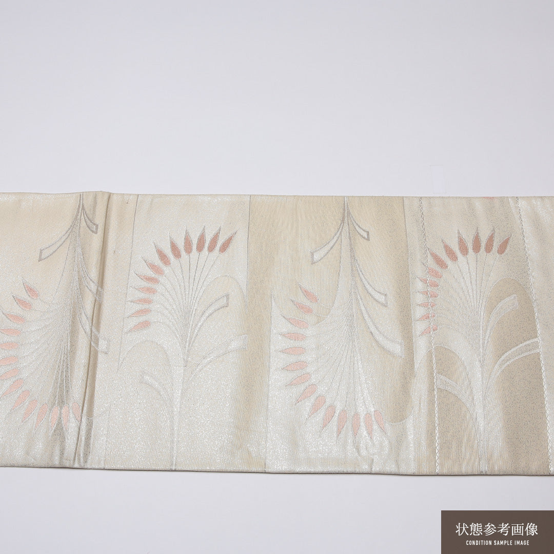 袋帯 帯丈426cm 正絹 六通 セミフォーマル 創作柄 銀箔 クリーム系 銀系 1243-01279