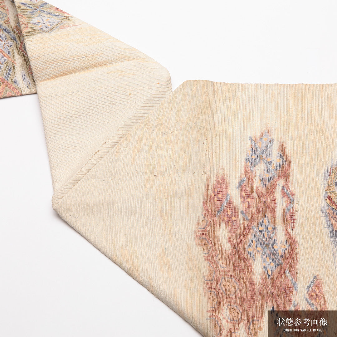 アンティーク 九寸名古屋帯 帯丈330cm 正絹 六通 名古屋仕立て 織り 金駒刺繍 紬 ひげ紬 亀甲 花柄 クリーム系 M4 1245-01765