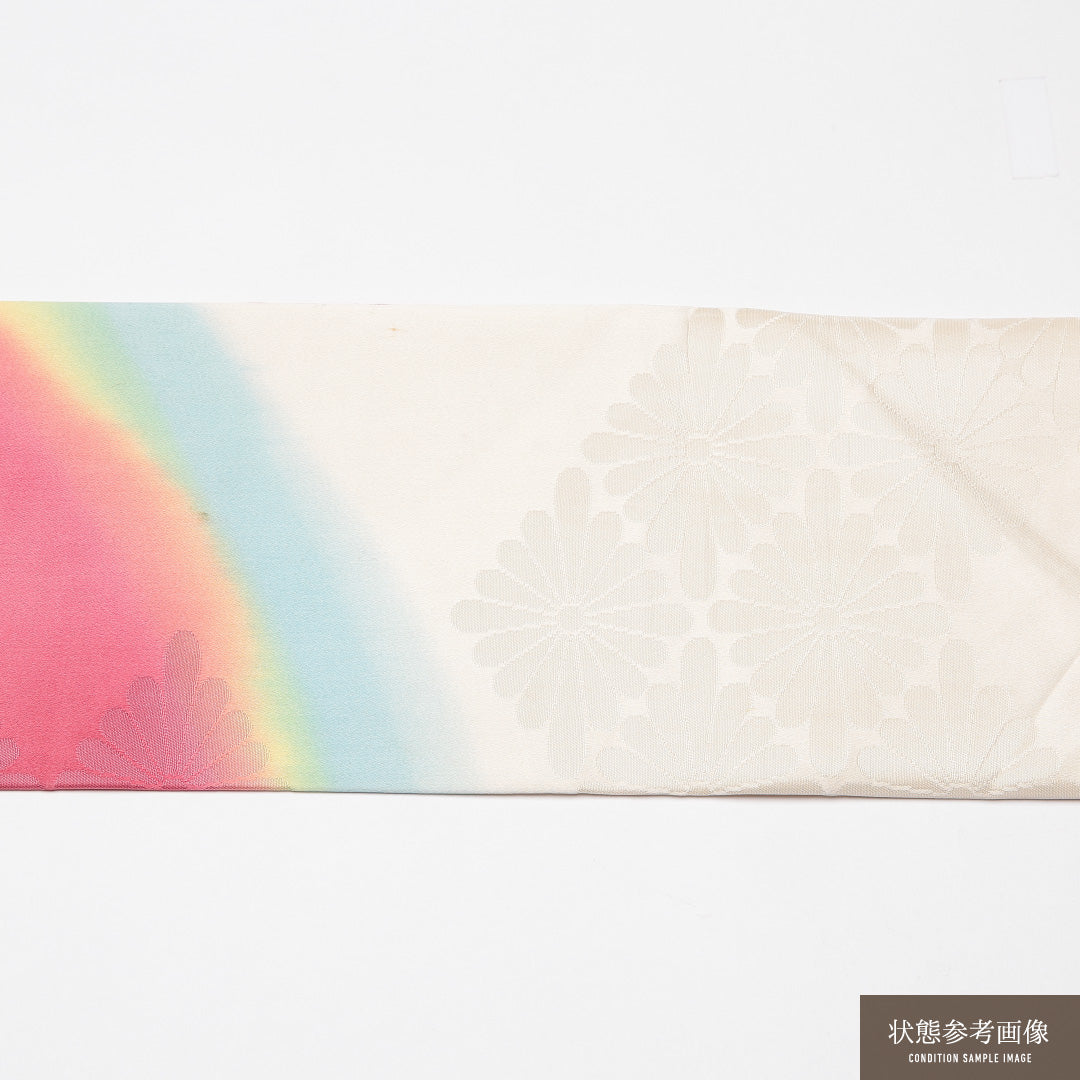 九寸名古屋帯 Cランク 帯丈342cm 正絹 六通 名古屋仕立て 織り インフォーマル 菊菱 白系・ピンク系 RP 1245-01682