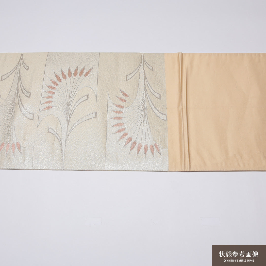 袋帯 帯丈426cm 正絹 六通 セミフォーマル 創作柄 銀箔 クリーム系 銀系 1243-01279