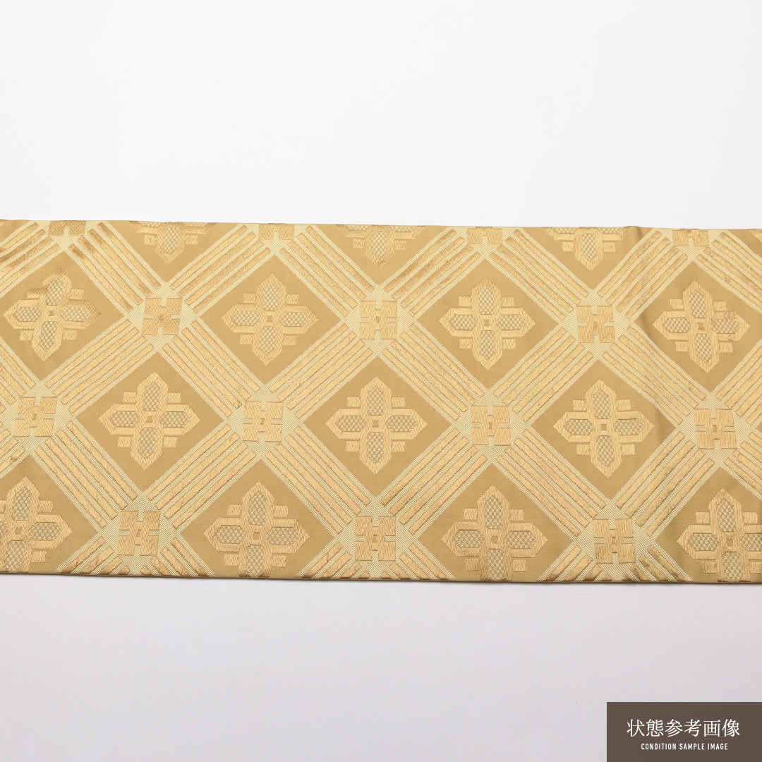 九寸名古屋帯 Cランク 帯丈361cm 正絹 六通 名古屋仕立て 織り セミフォーマル 菱 黄系 RP 1245-01877