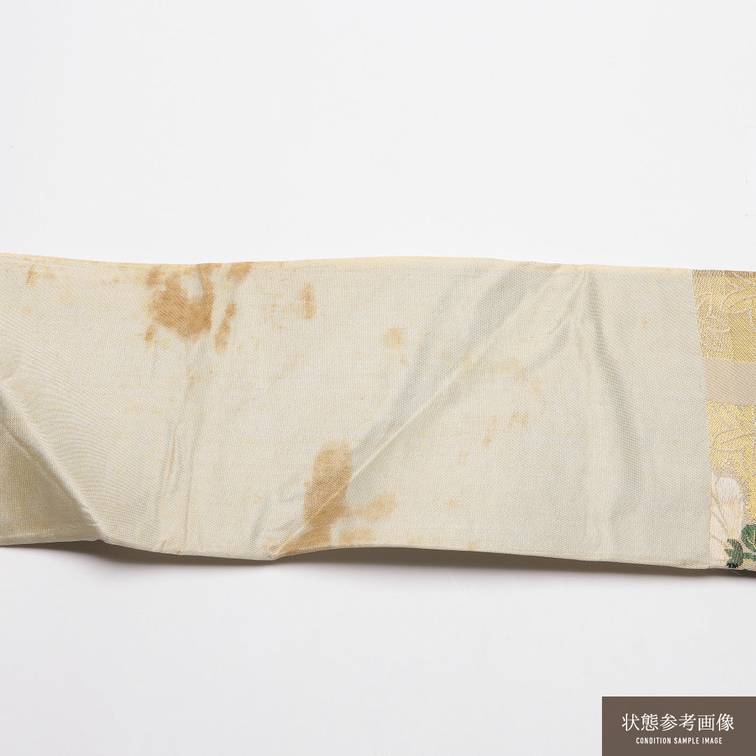 アンティーク 九寸名古屋帯 Cランク 帯丈332cm 正絹 六通 名古屋仕立て 織り 菊 ベージュ系 M4 1245-01795