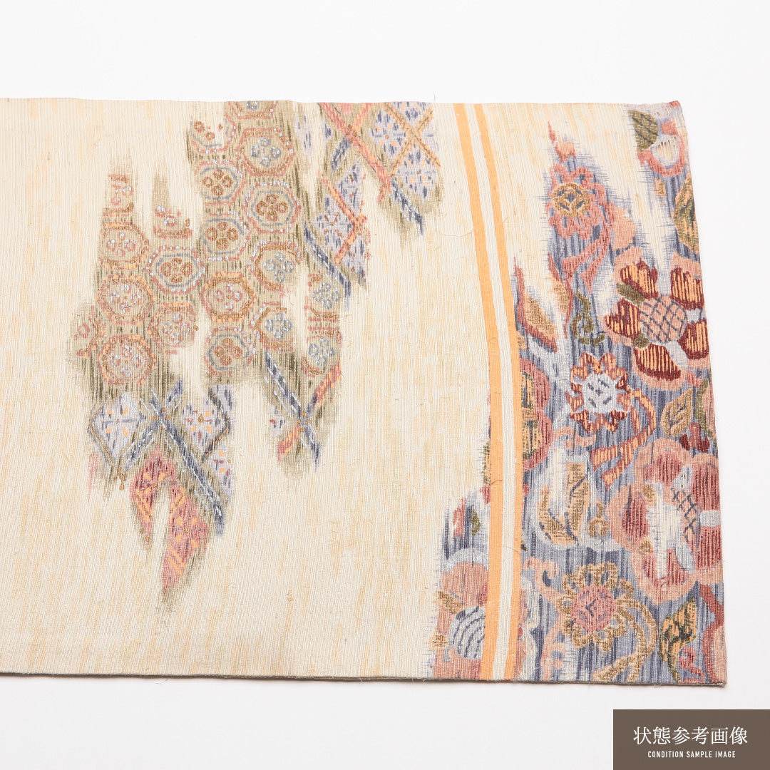 アンティーク 九寸名古屋帯 帯丈330cm 正絹 六通 名古屋仕立て 織り 金駒刺繍 紬 ひげ紬 亀甲 花柄 クリーム系 M4 1245-01765