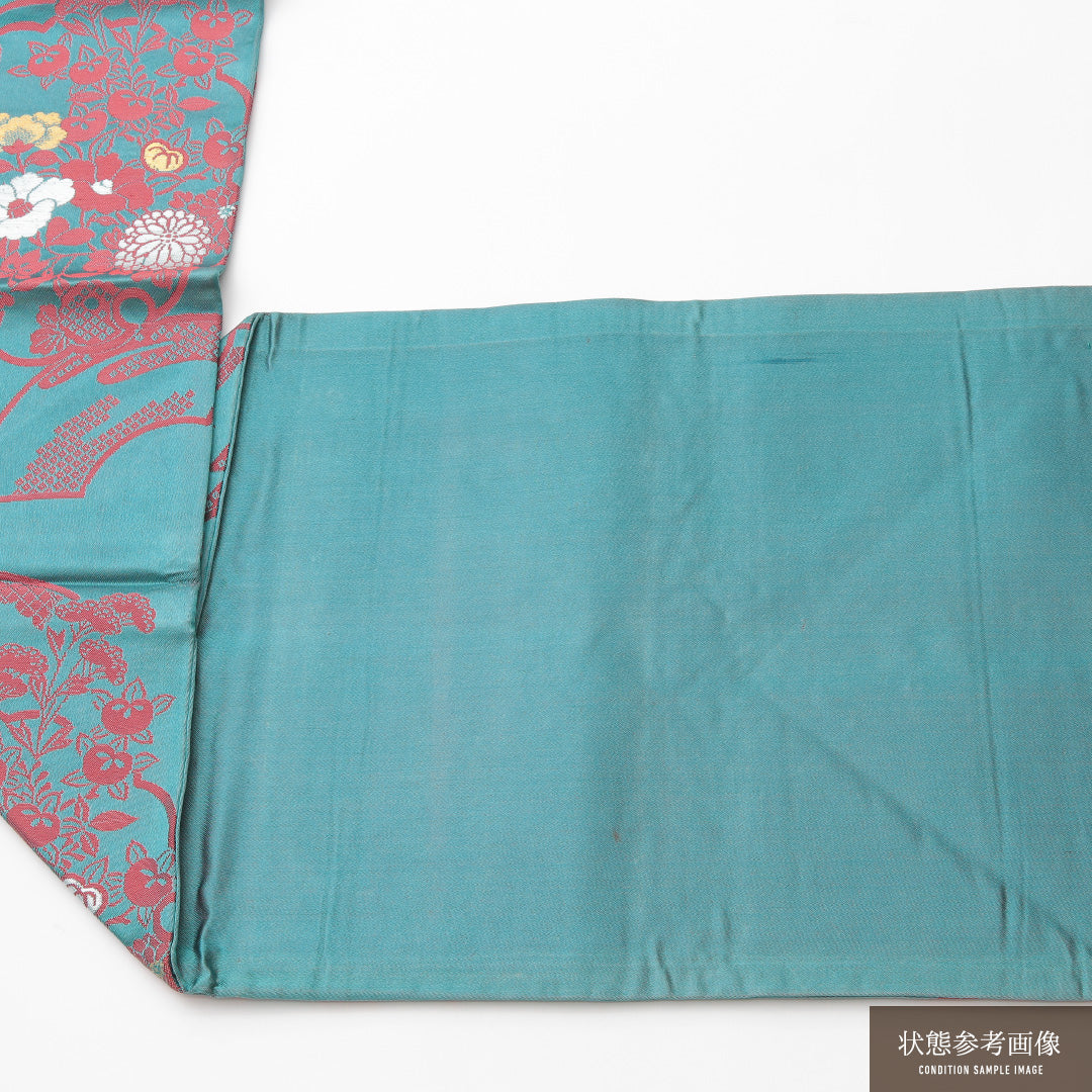 アンティーク 名古屋帯 六通 帯丈330cm Aランク 正絹 吉祥文様 四季草花 雪輪 緑系 1224-02132