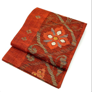 袋帯 櫛織 抽象模様 432cm 正絹 Sランク 六通 カジュアル 赤系 1123004552312