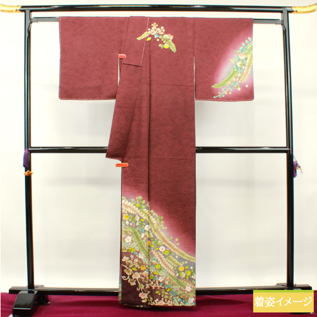 訪問着 正絹 袷 身丈162.5cm 裄丈67.5cm 葡萄酒色 辻ヶ花 Sランク 紫系 1112003562420