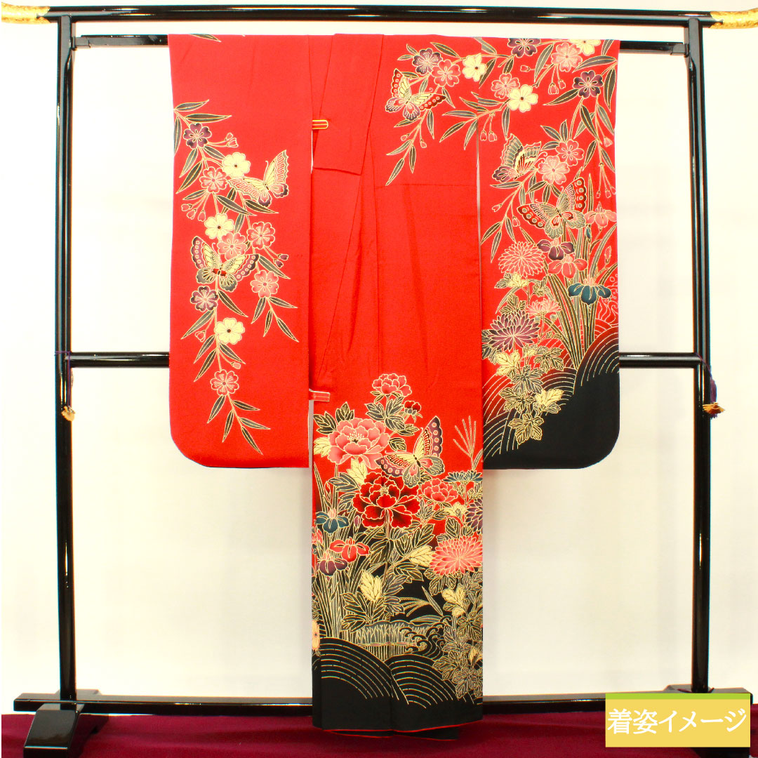 振袖 正絹 身丈158.5cm 裄丈63.5cm 袷  赤紅色 京紅型 吉祥文様  Aランク 赤系 1113001933312