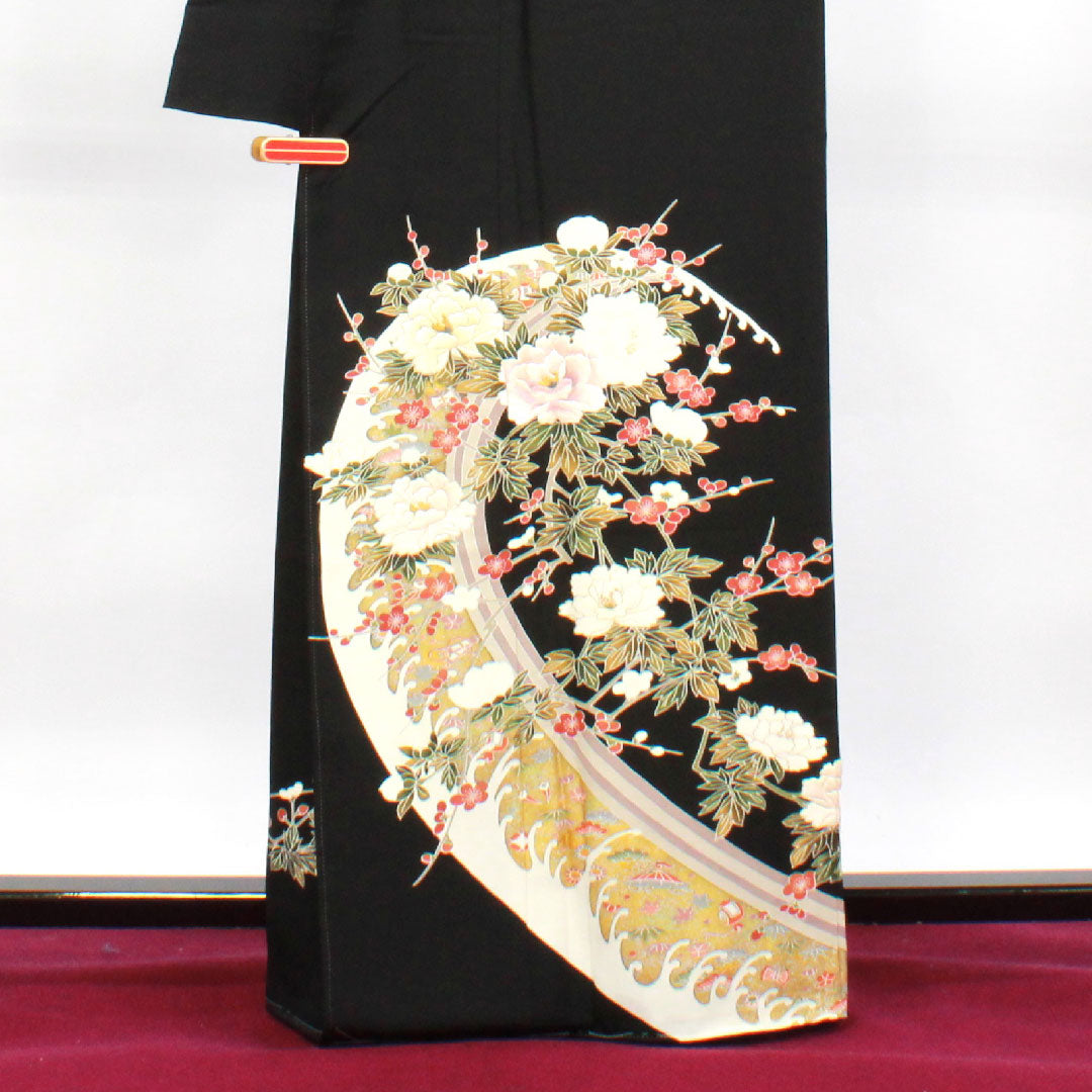 黒留袖 身丈163cm 裄丈67cm～ 袷 京友禅 刺繡 五瓜に違い鷹の羽 しつけ糸付き 未使用品 正絹 Sランク 五つ紋 黒系 1111001142410