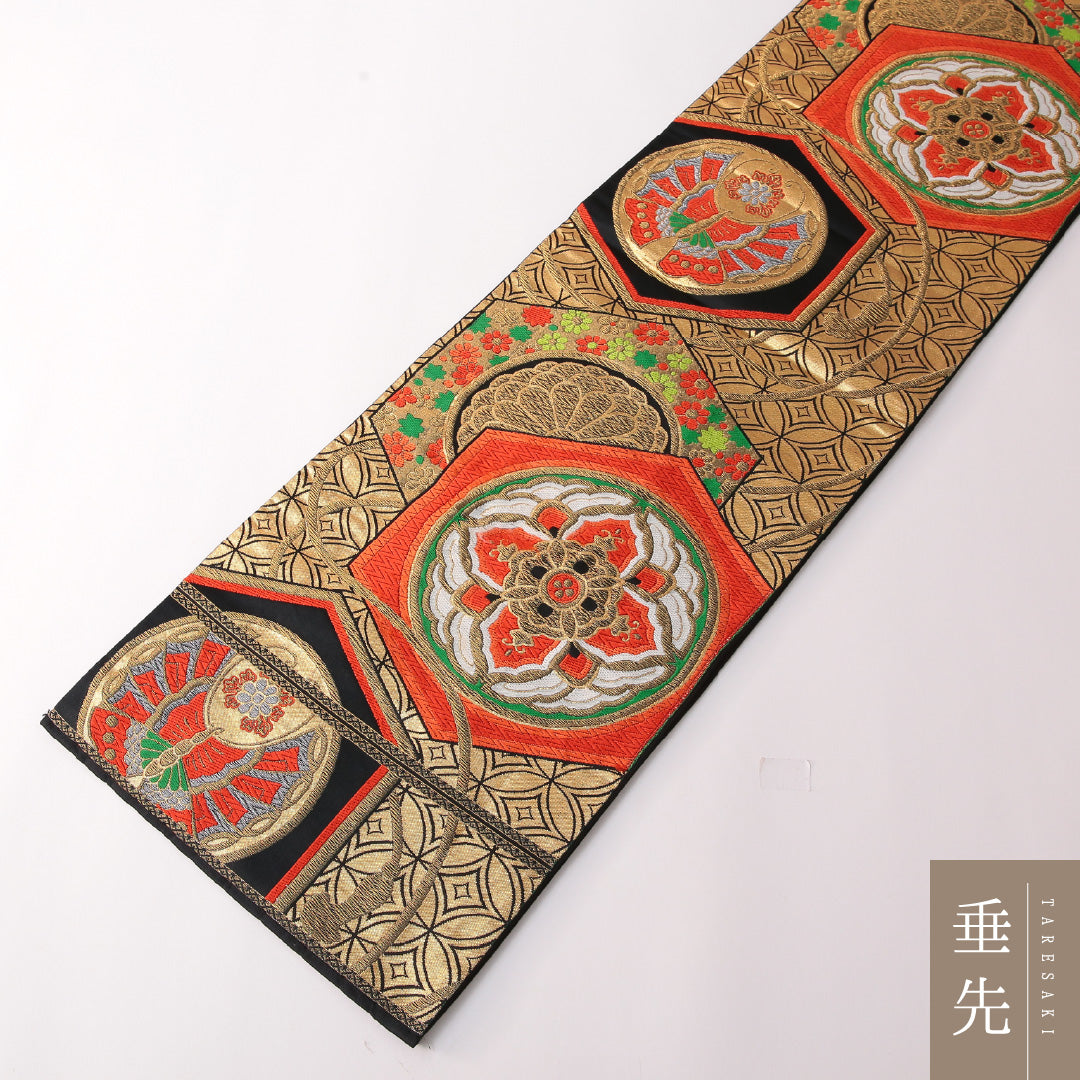 振袖用 袋帯 帯丈416cm 正絹 六通 亀甲 丸文 金系 1243-01746