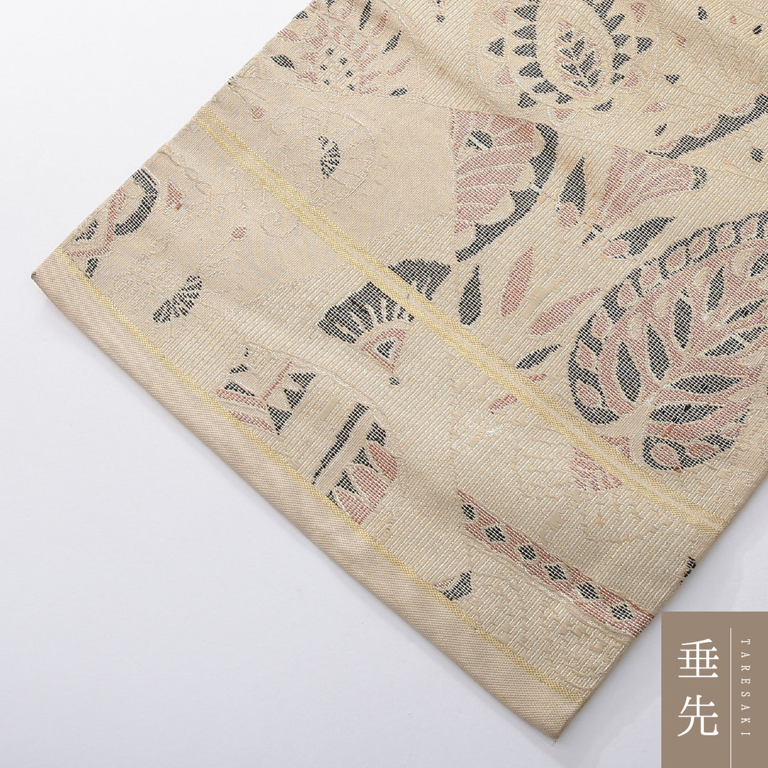 アンティーク 九寸名古屋帯 帯丈331cm 名古屋仕立て 六通 Bランク 正絹 創作柄 ベージュ系 1224-03939