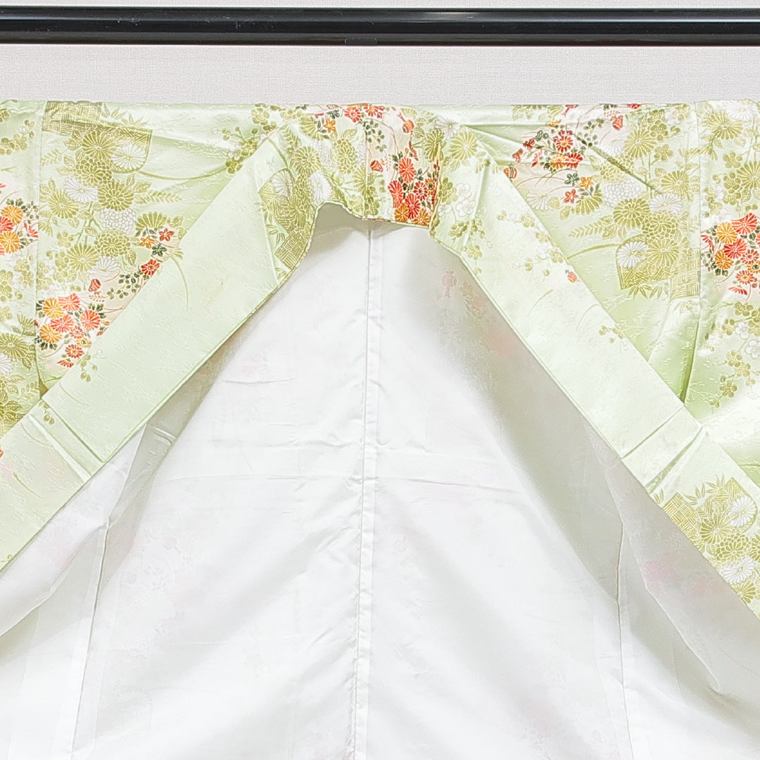 小紋 洗える着物 袷 身丈157cm 裄丈66cm ポリエステル Cランク Mサイズ 広衿 インフォーマル 光悦垣 菊 緑系 1215-16385