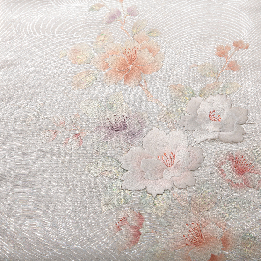 九寸名古屋帯 帯丈353cm セミフォーマル 名古屋仕立て ポイント柄 Aランク 正絹 相良刺繡 牡丹 銀系 1224-03503