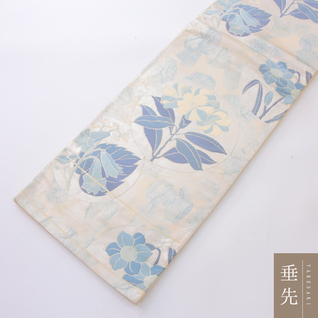 袋帯 帯丈446cm 正絹 六通 帯芯なし セミフォーマル 百合 クリーム系 1243-02204