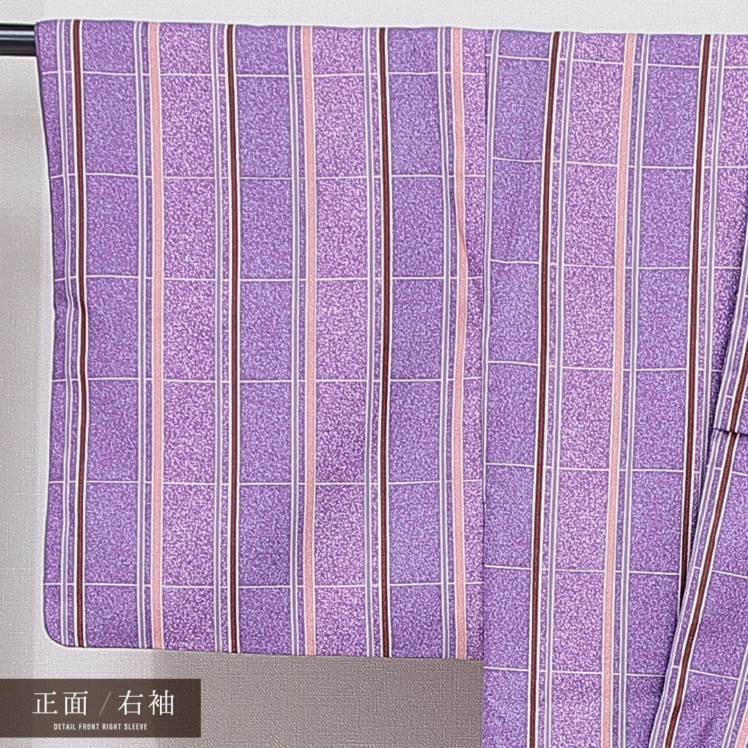 洗える着物 小紋 袷 身丈165cm 裄丈66cm ポリエステル Sランク インフォーマル 広衿 XLサイズ 格子 紫系 RP 1221-15692