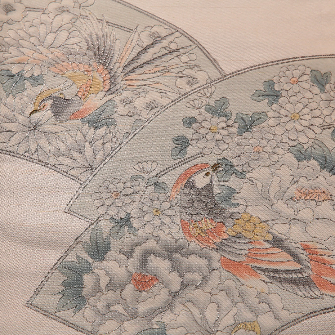 袋帯 帯丈424cm フォーマル 六通 Cランク 正絹 鳥 扇 菊 クリーム系 グレー系 1223-01885
