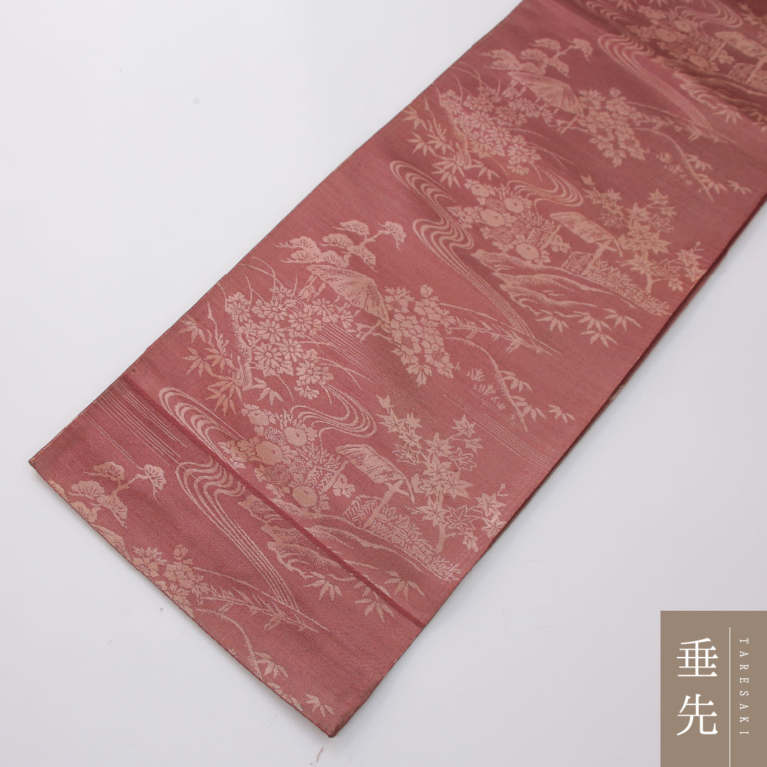 袋帯 帯丈404cm 正絹 六通 帯芯なし セミフォーマル 茶屋辻 赤系 1243-02312