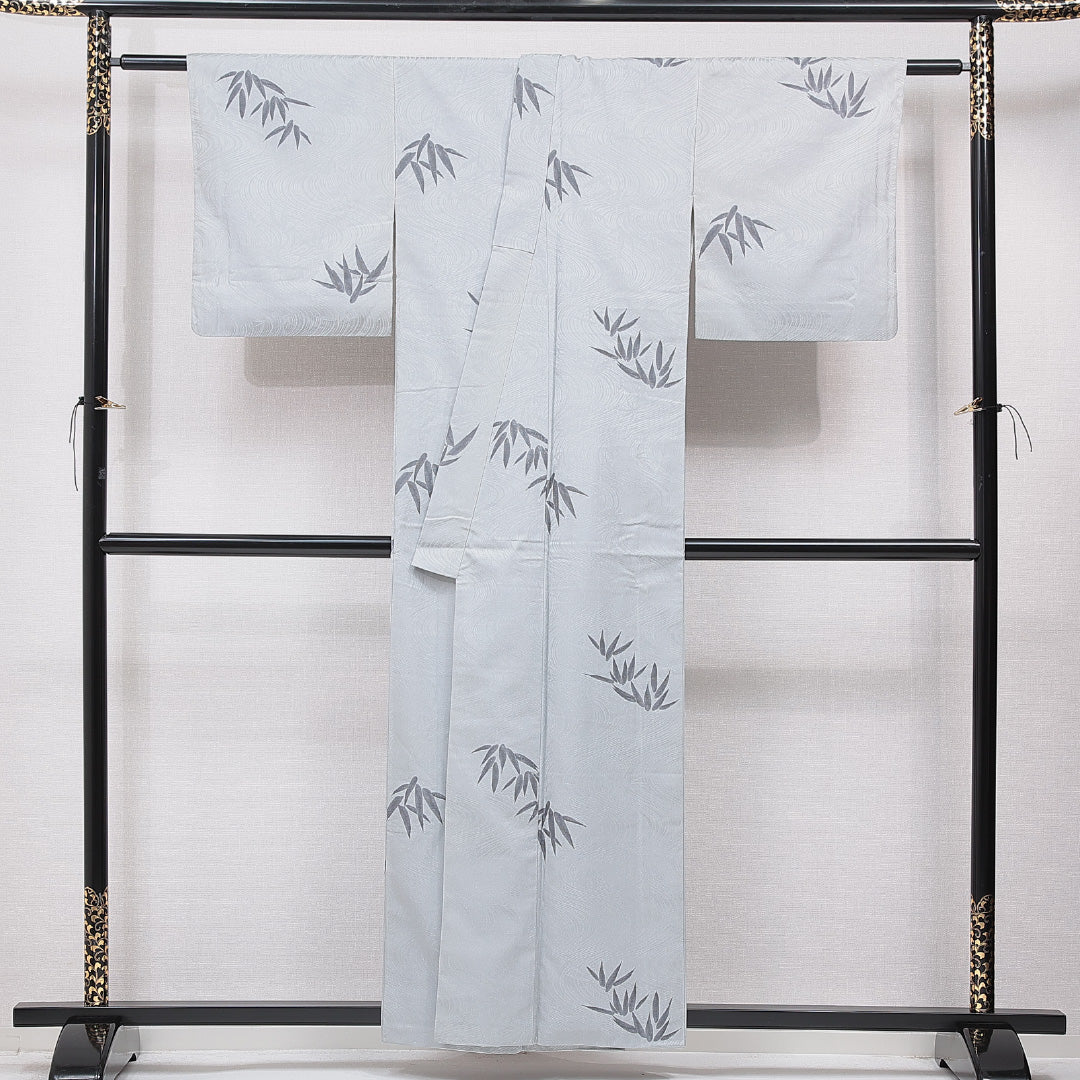 紬 袷 身丈156cm 裄丈63cm 正絹 Cランク Mサイズ バチ衿 カジュアル 笹 水色系 1216-15651