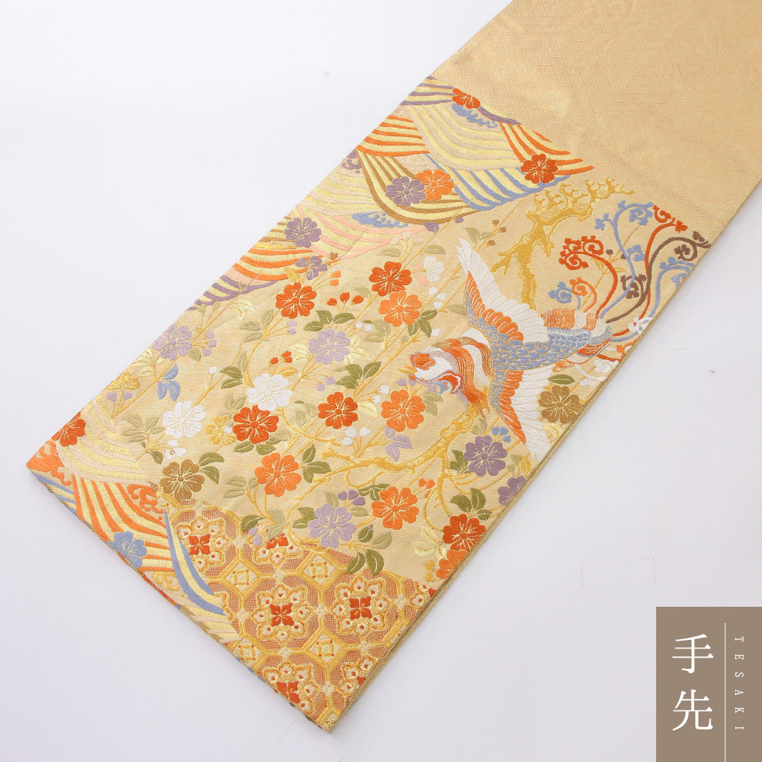 袋帯 帯丈444cm 正絹 六通 フォーマル 花喰鳥 蜀江 金系 1243-02184